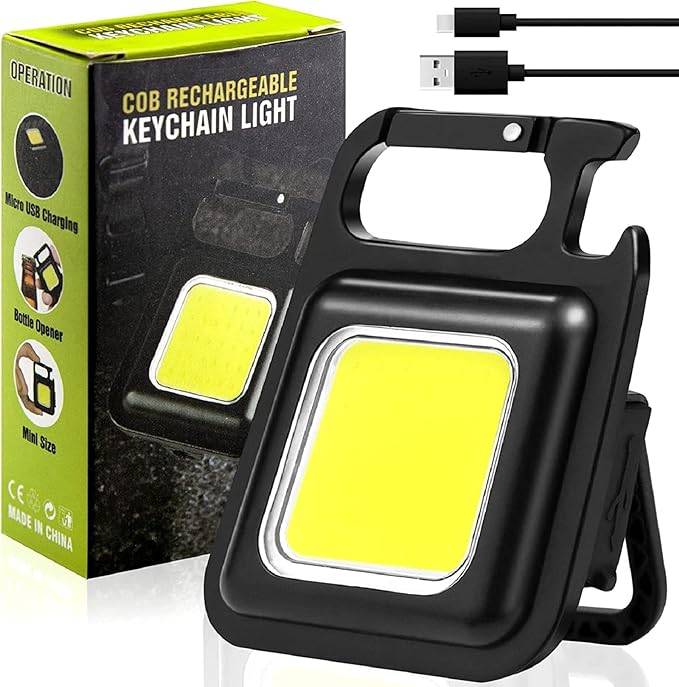 Cob small flashlights, 1000lumens bright rechargeable keychain mini flashlight 3 light modes portable pocket light with folding bracket bottle opener and magnet base for fishing, walking and camping
